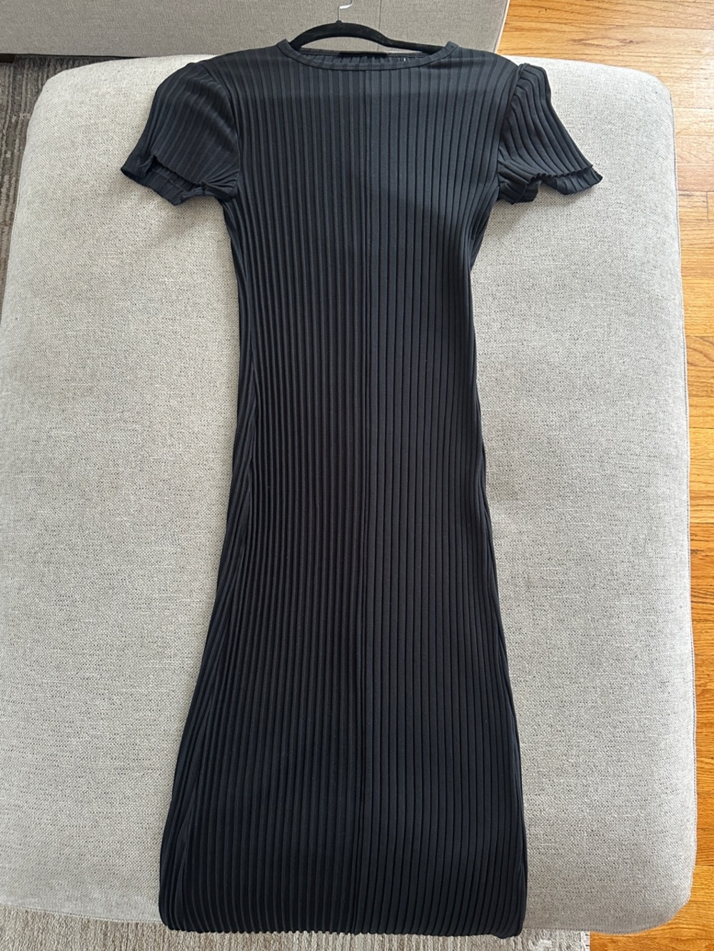 Helmut Lang Stretch Cotton Rib Knit Black Asymmetric Short-Sleeve Midi Dress